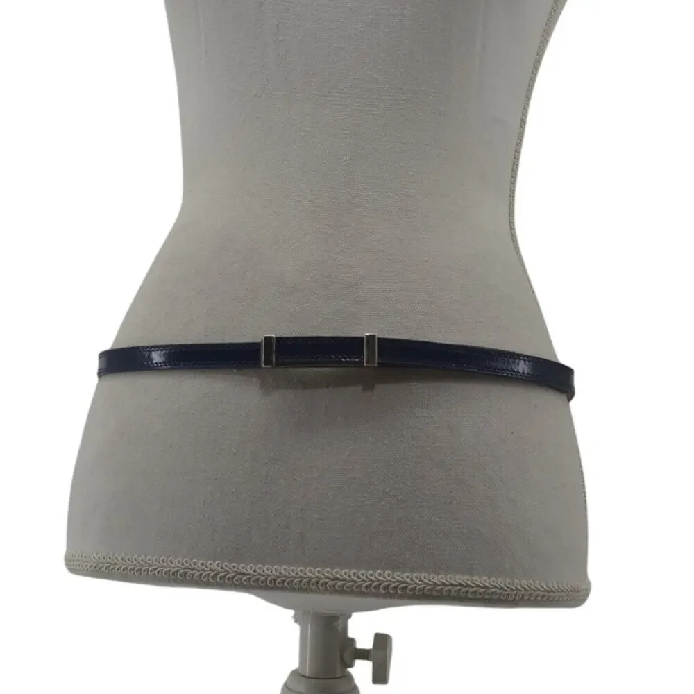 Navy Blue Skinny Dress Belt Faux Leather Minimalist Large